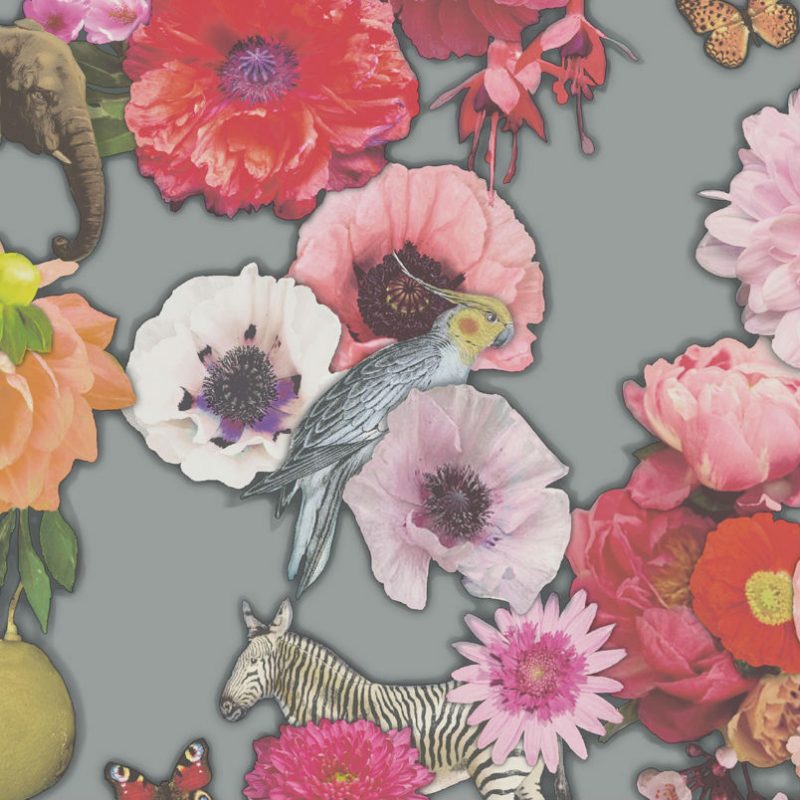 Tapet Eclectic Flori si Animale Multicolore - Gri Detaliu