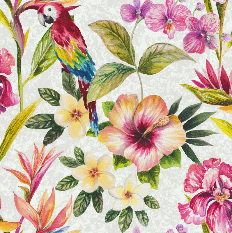 Tapet exotic flori si papagali multicolori - Holden Alb Produs